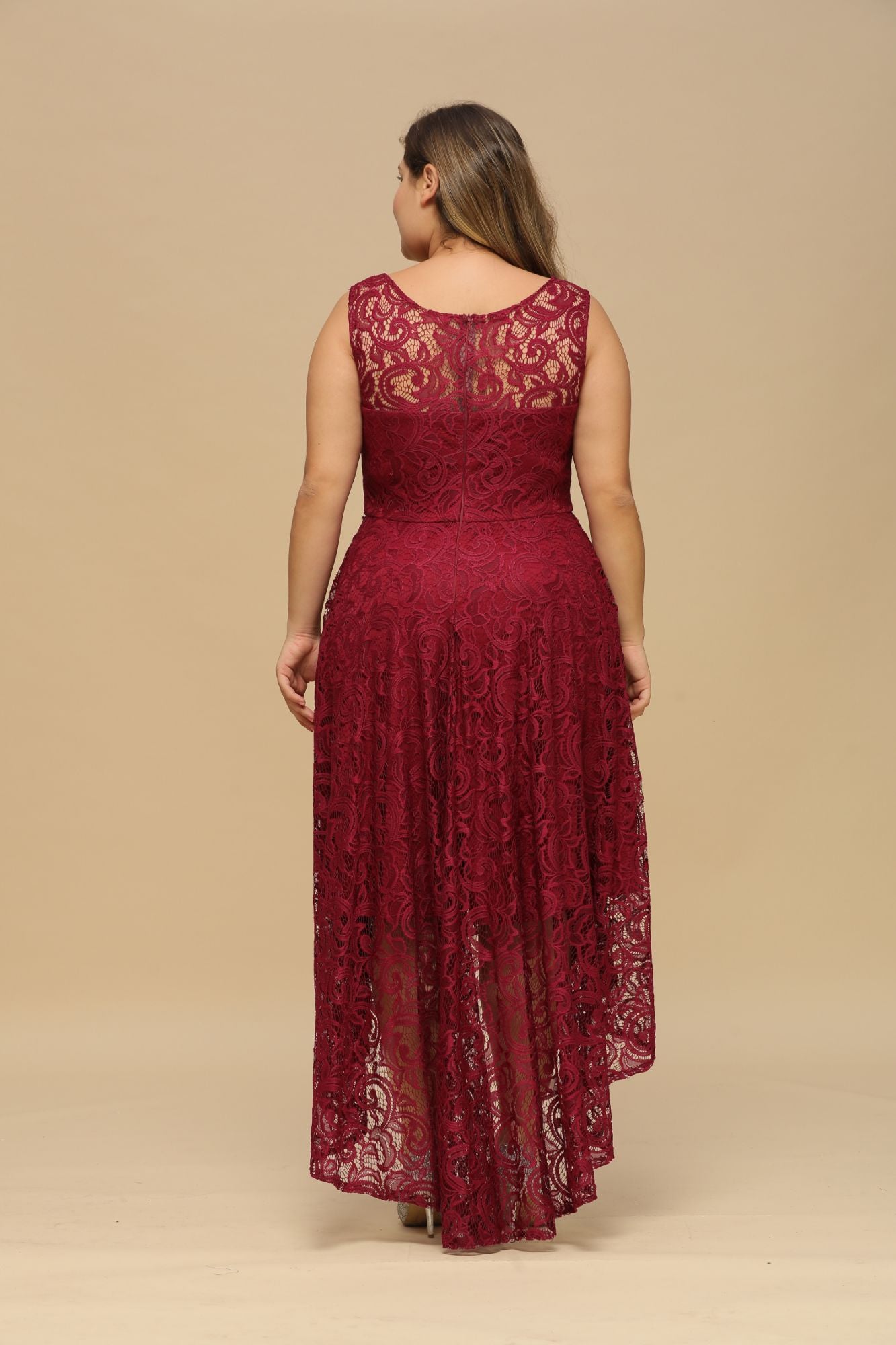 Chic Burgundy Floral Lace High Low Plus Size Formal Dress