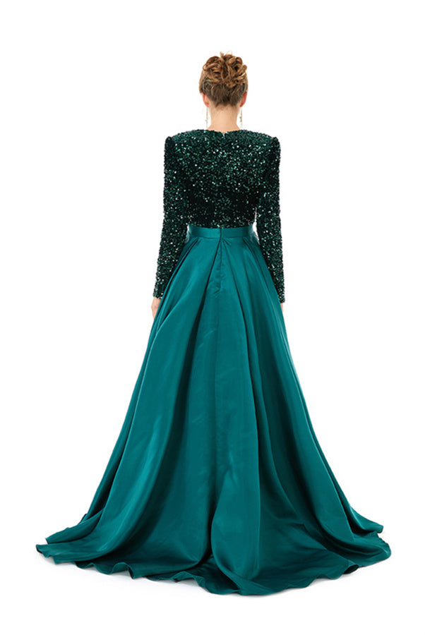Charming Long Sleeves A-line V-neck Satin Beading Formal Dress With Slit