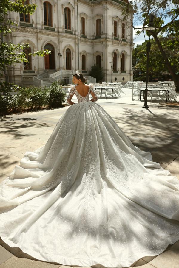 Elegant Long Sleeve Ball Gown Tulle Wedding Dress with Beads