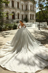 Elegant Long Sleeve Ball Gown Tulle Wedding Dress with Beads