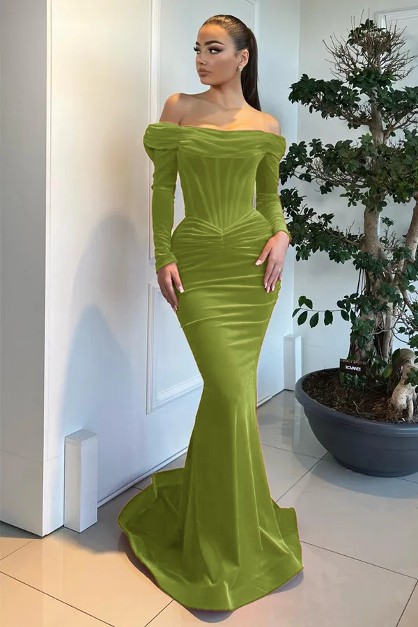 Red Long Off the Shoulder Velvet Mermaid Prom Dresses with Sleeves