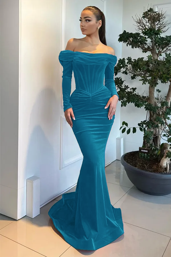 Red Long Off the Shoulder Velvet Mermaid Prom Dresses with Sleeves