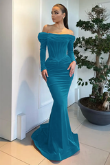 Red Long Off the Shoulder Velvet Mermaid Prom Dresses with Sleeves