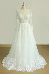 Long Sleeves Tulle A-line Lace Backless Wedding Dress