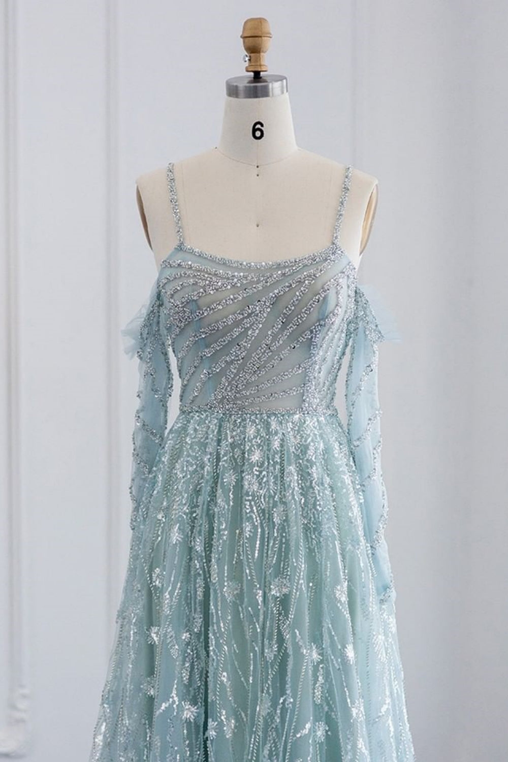 Long A-line Spaghetti Straps Fur Beadings Evening Party Dress with Sleeves