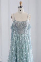 Long A-line Spaghetti Straps Fur Beadings Evening Party Dress with Sleeves
