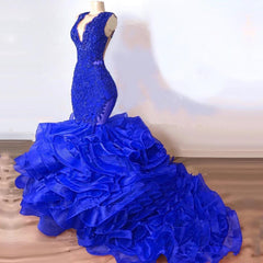 Royal Blue Mermaid Long Ruffles V-neck Tulle Prom Dresses