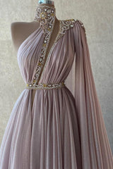 Long A-line Halter One Shoulder Chiffon Formal Dresses