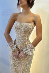 Elegant Long Strapless Mermaid Beaded Prom Dress