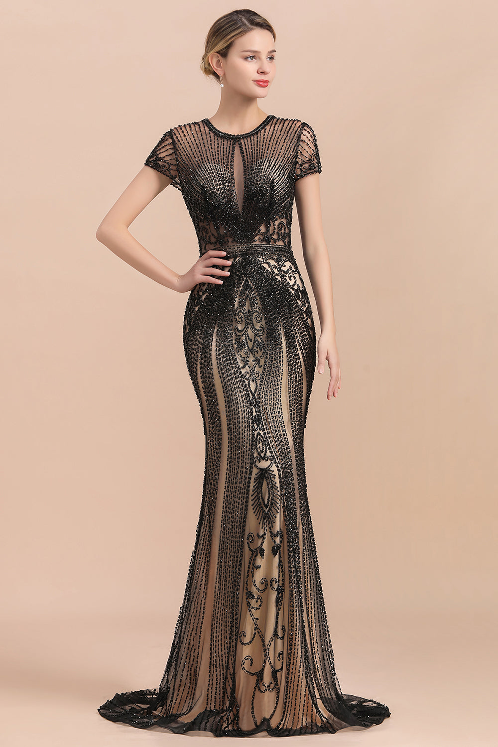 Luxury Black Long Mermaid Tulle Beaded Formal Evening Dresses