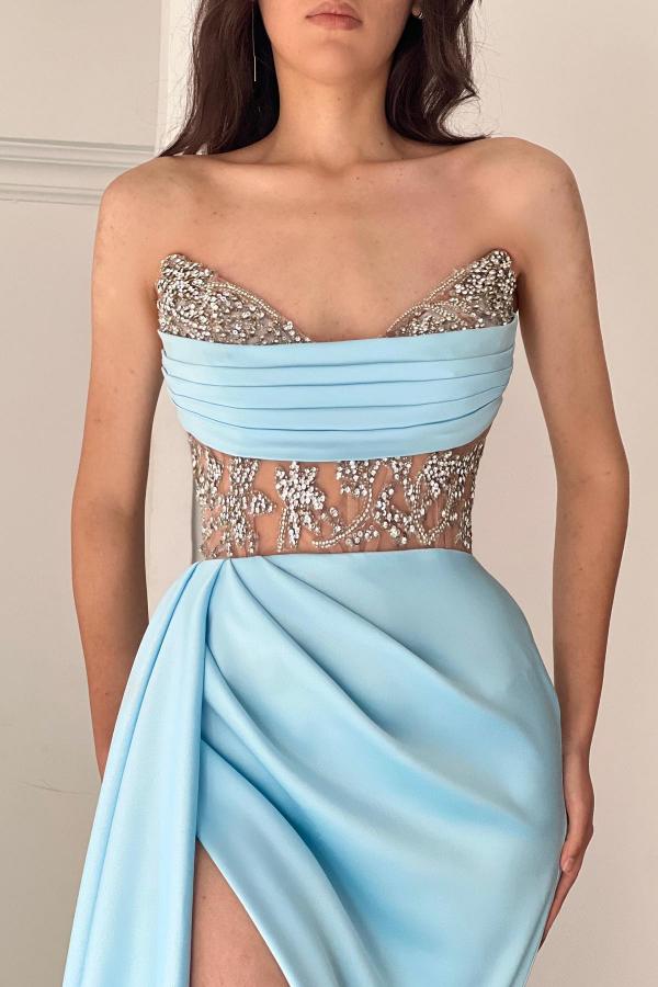 Long Mermaid Sweetheart Satin Beading Formal Prom Dresses with Slit