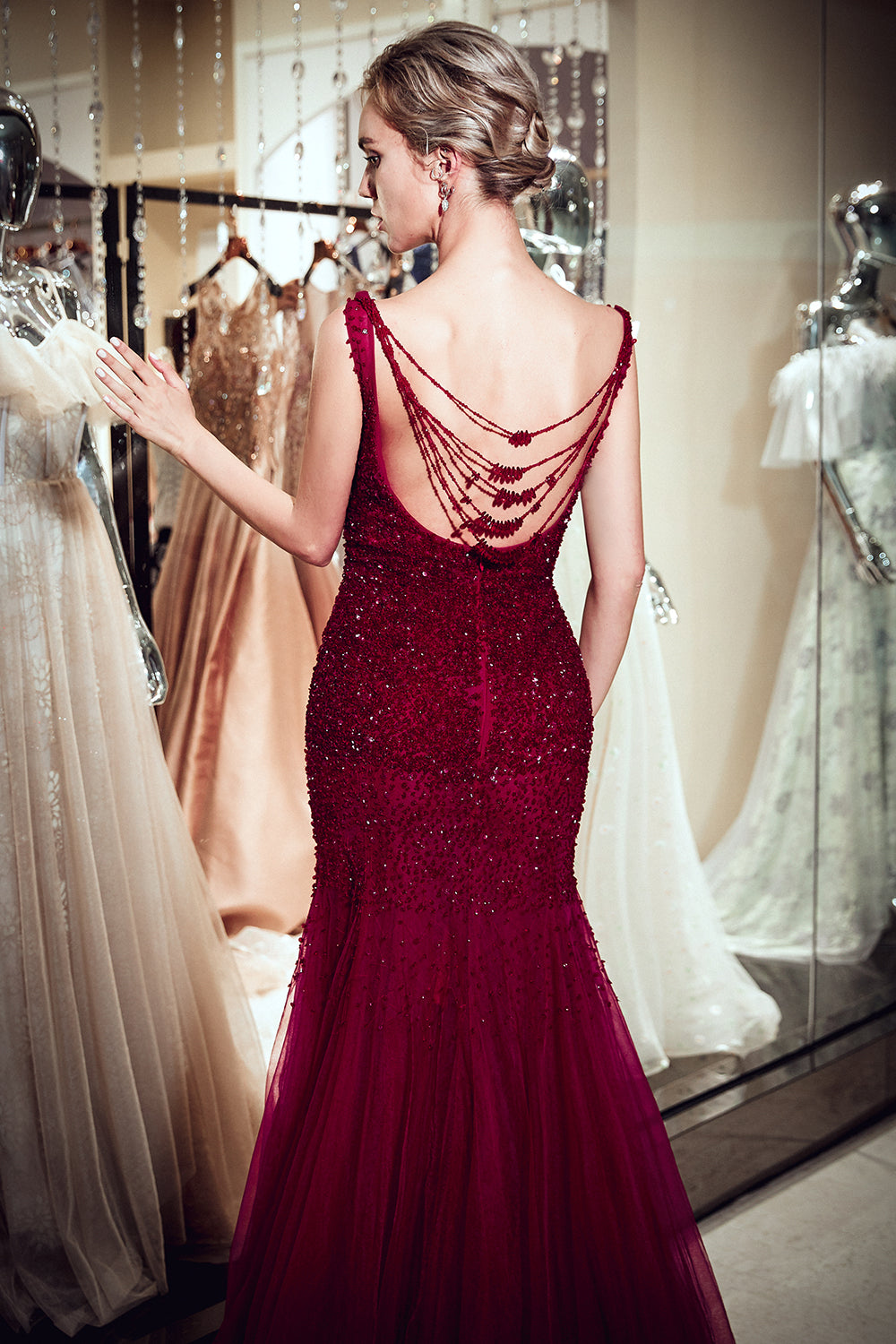 Mermaid Sleeveless Sequined Tulle Burgundy Long Evening Gowns