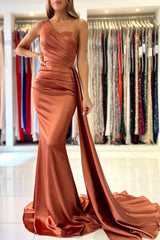 Simple Long Mermaid One Shoulder Floor Length Satin Prom Dress
