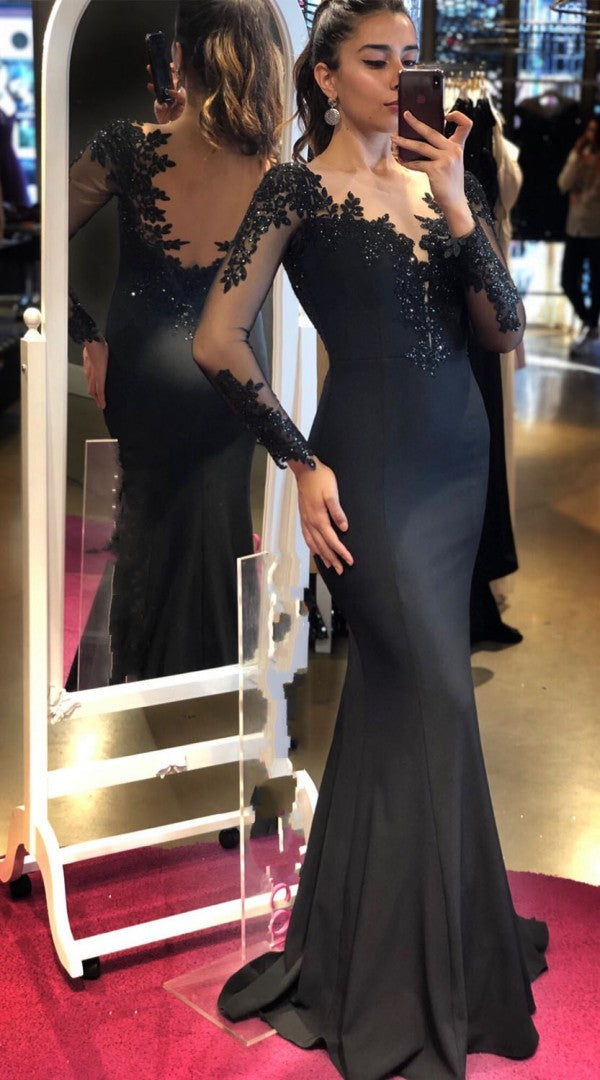 Black Sweetheart Long Sleeve Backless Appliques Lace Floor Length Satin Mermaid Prom Dress