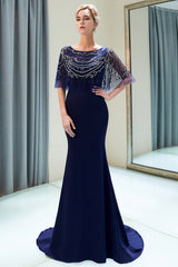 Red Long Jewel Satin Mermaid Formal Evening Dresses