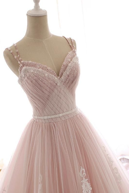 Long Spaghetti Straps Tulle A-Line Appliques Lace Floor Length Prom Dress