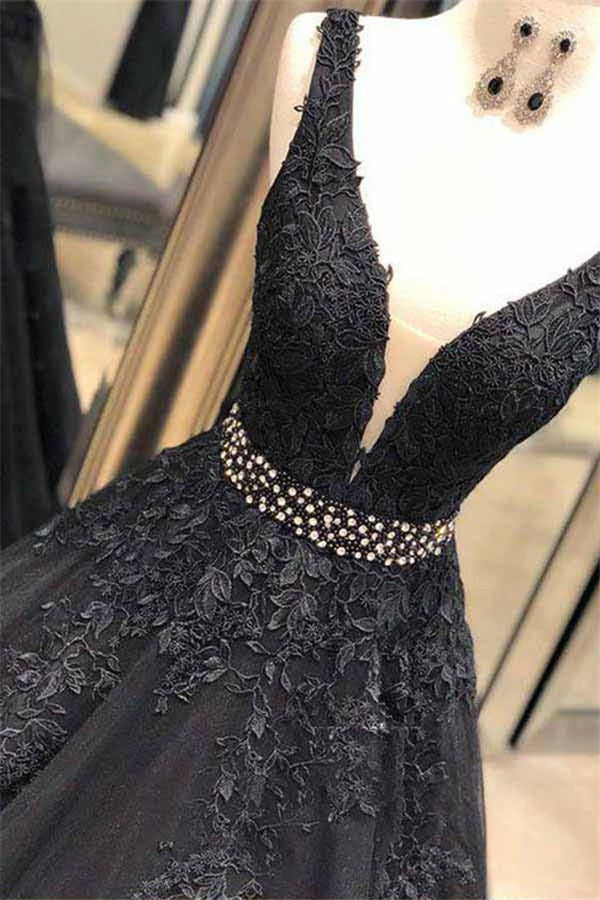 Black Long A-Line V-neck Wide Straps Tulle Lace Open Back Prom Dress