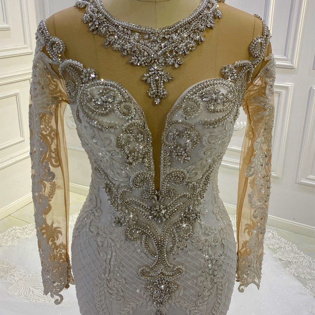 Vintage Bateau Long Sleeve Appliques Lace Beading Sequins Mermaid Wedding Dress