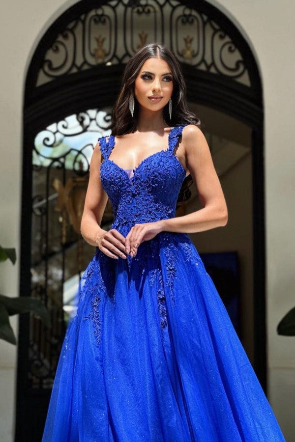 Royal Blue Long A-line Sweetheart Tulle Lace Formal Prom Dresses