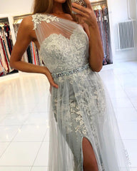 Elegant Long Mermaid One Shoulder Tulle Prom Dress with Slit