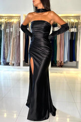 Black Long Mermaid Strapless Satin Prom Dresses with Slit
