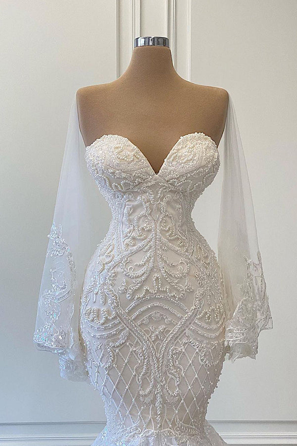 Long Mermaid Sweetheart Strapless Beadings Lace Wedding Dress with Sleeves