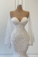Long Mermaid Sweetheart Strapless Beadings Lace Wedding Dress with Sleeves
