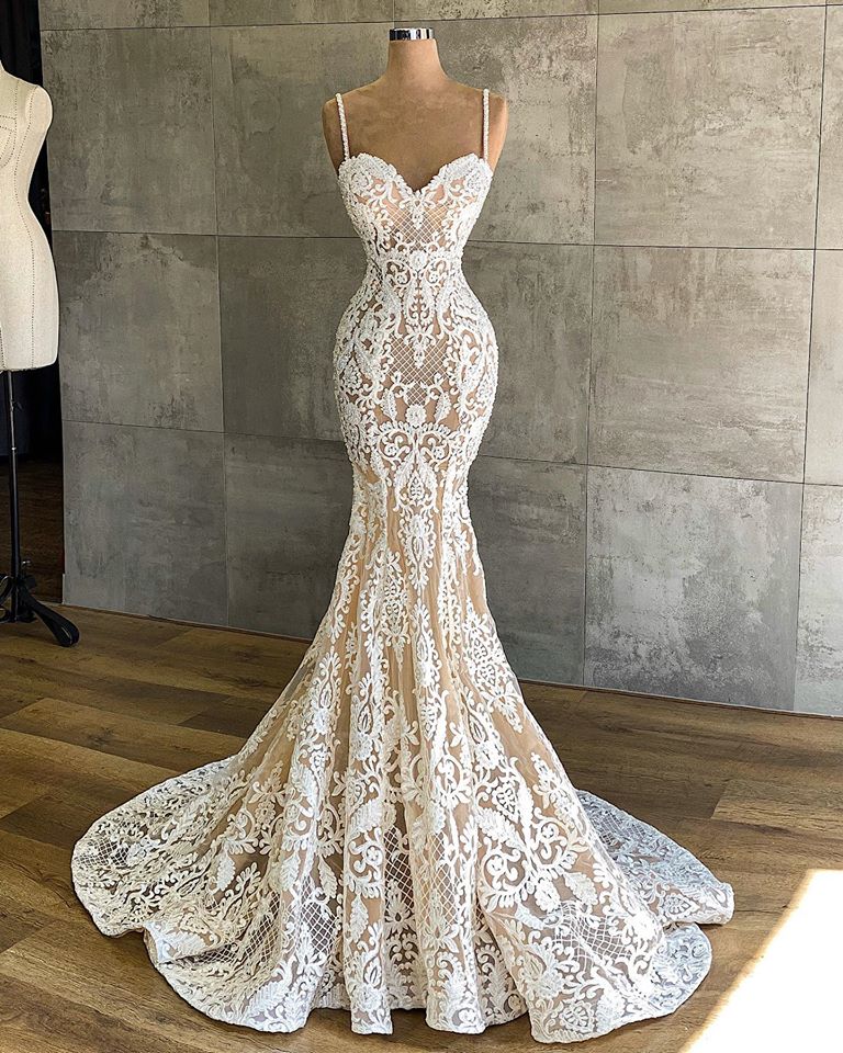 Sexy Long Sweetheart Spaghetti Straps Appliques Lace Floor Length Mermaid Wedding Dress