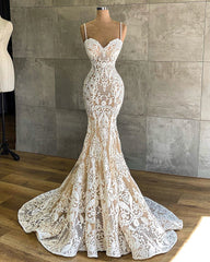 Sexy Long Sweetheart Spaghetti Straps Appliques Lace Floor Length Mermaid Wedding Dress