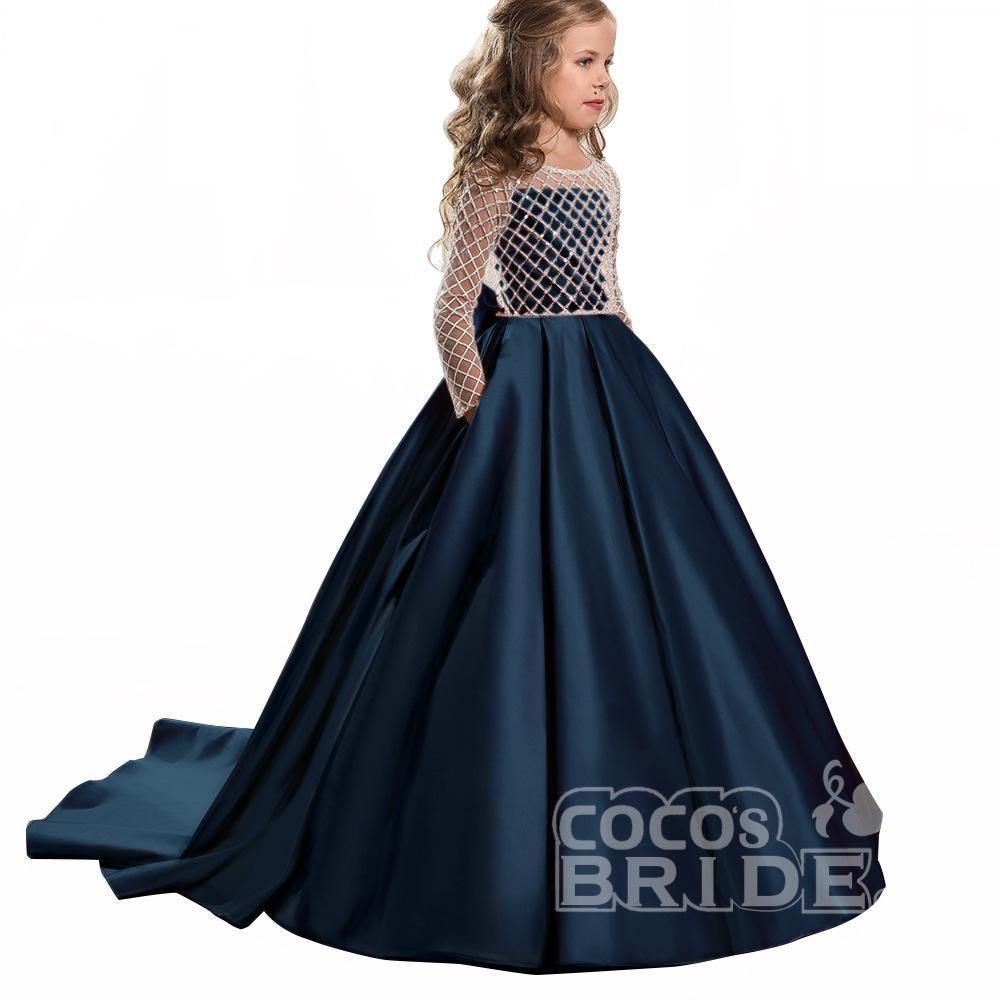 Scoop Neck Long Sleeves Ball Gown Flower Girl Dress with Pockets