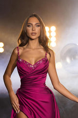 Long Mermaid Sweetheart Spaghetti Straps Satin Formal Prom Dresses with Slit