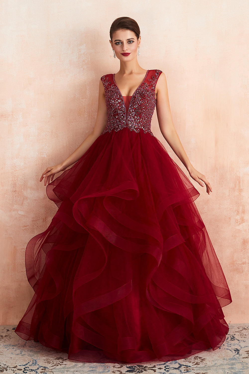 Long V-neck Tulle A-line Beaded Burgundy Formal Evening Dresses