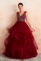 Long V-neck Tulle A-line Beaded Burgundy Formal Evening Dresses