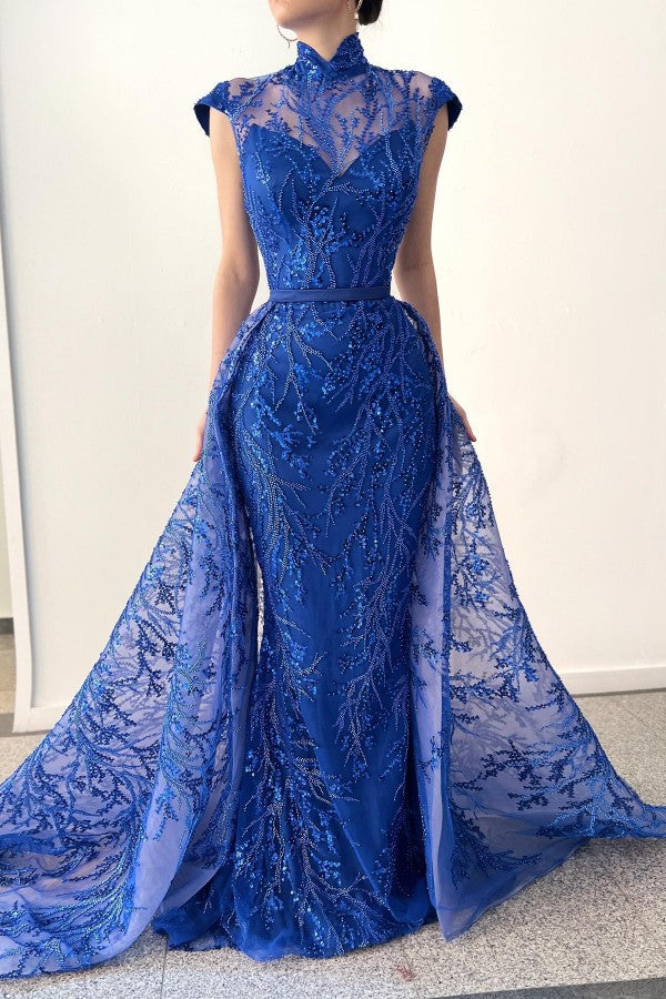 Long Mermaid High Neck Satin Tulle Lace Formal Evening Dresses