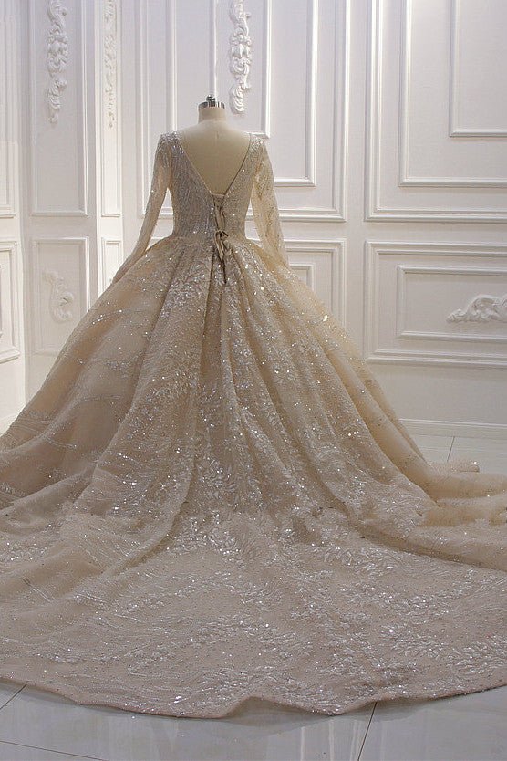 Glamorous Long Sleeve V-neck Sequin Beading Ruffles Ball Gown Wedding Dress