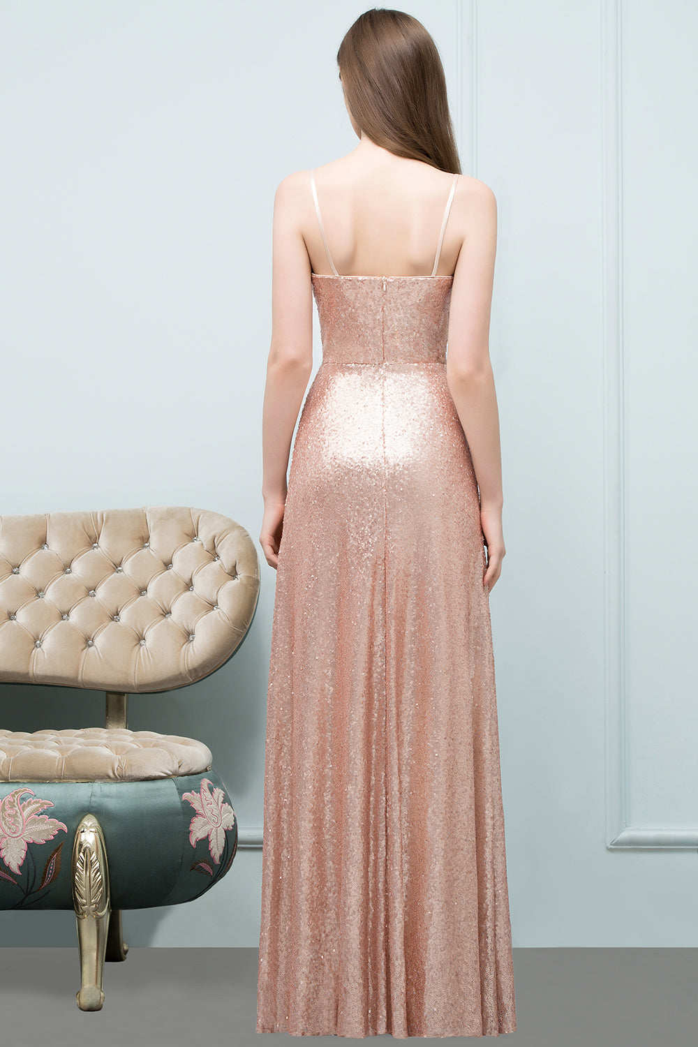 A-line Sequined V-Neck Spaghetti Straps Sleeveless Floor Length Bridesmaid Dress