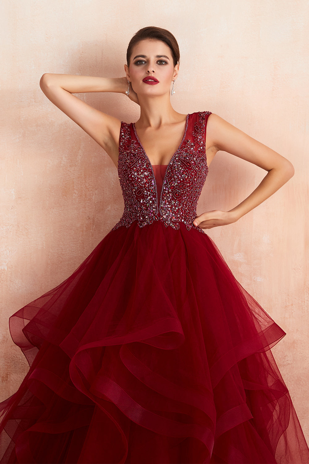 Long V-neck Tulle A-line Beaded Burgundy Formal Evening Dresses