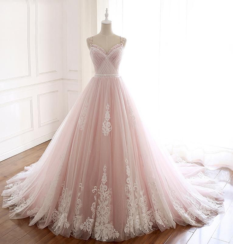 Long Spaghetti Straps Tulle A-Line Appliques Lace Floor Length Prom Dress
