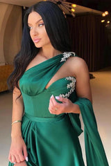 Long A-line One Shoulder Satin Formal Prom Dress with Slit