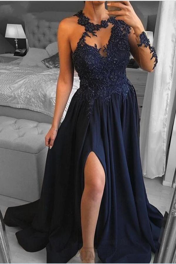 Long A-line Chiffon Front Slit Lace Prom Dress with Sleeves