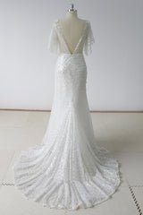 Stunning Sequins White Tulle Sweep Train Mermaid Short Sleeve Wedding Dress