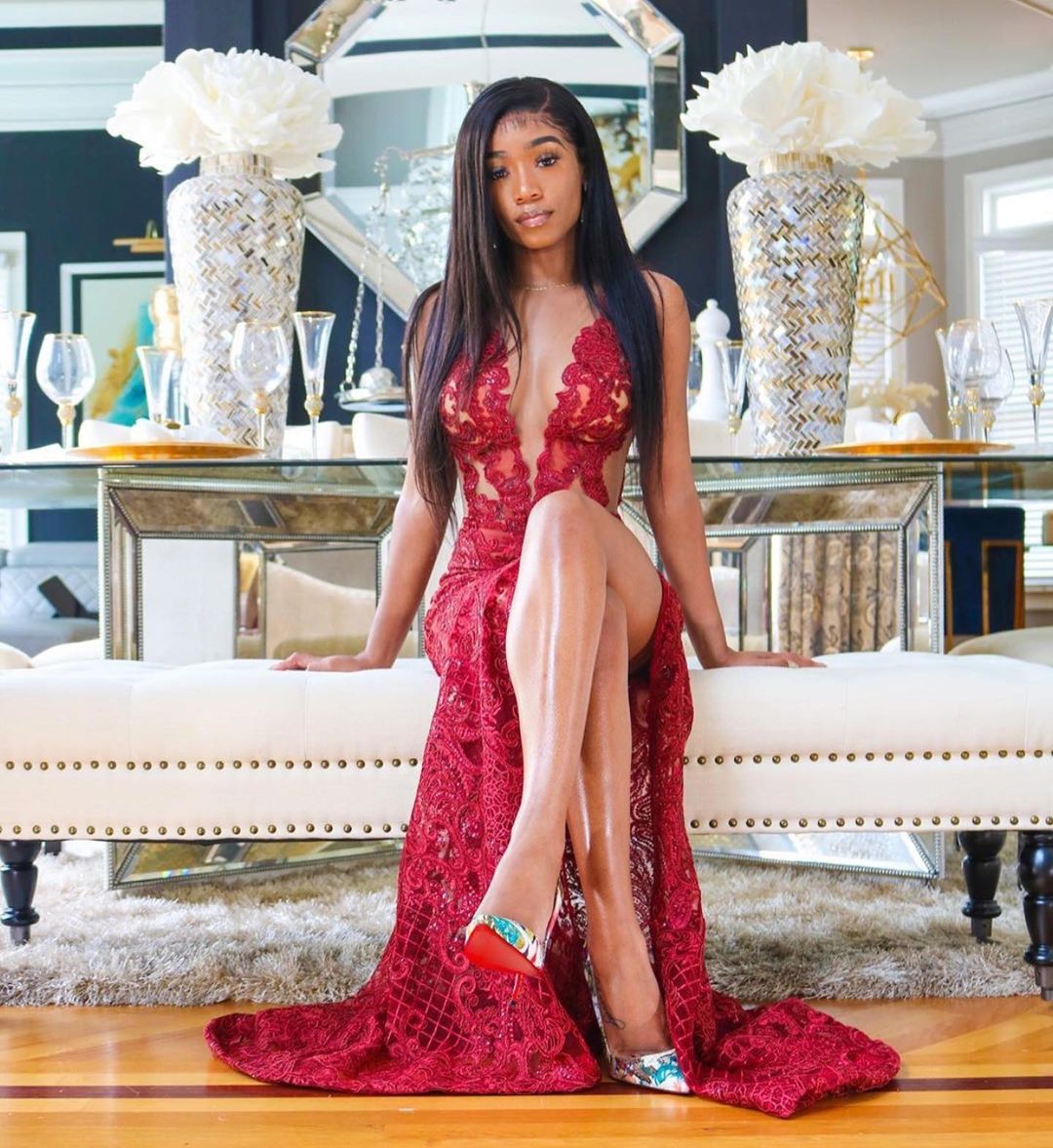 Sexy Long Appliques Lace Mermaid Floor Length Prom Dress With Side Slit