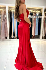 Simple Long Mermaid Sweetheart Satin Formal Prom Dresses with Slit