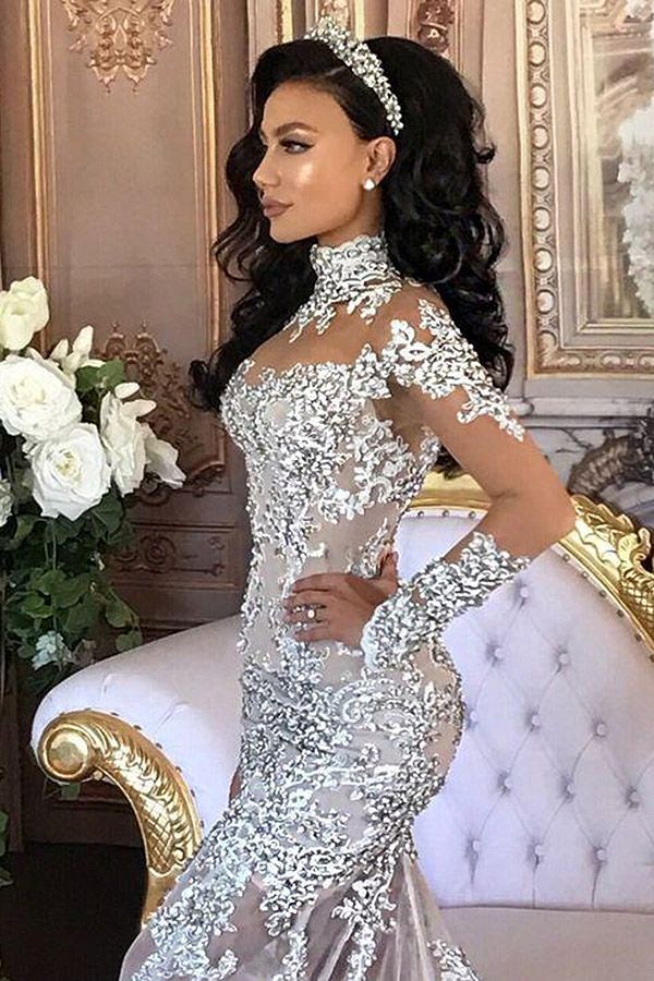 Glamorous Long Sleeves Tulle High Neck Mermaid Wedding Dresses with Detachable Overskirt