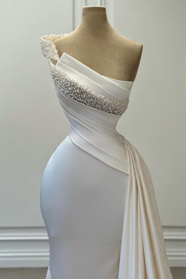 One Shoulder Beaded Mermaid White Satin Long Prom Dress
