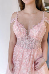 Long Off the Shoulder Spaghetti Straps A-line Tulle Prom Dress With Appliques Lace