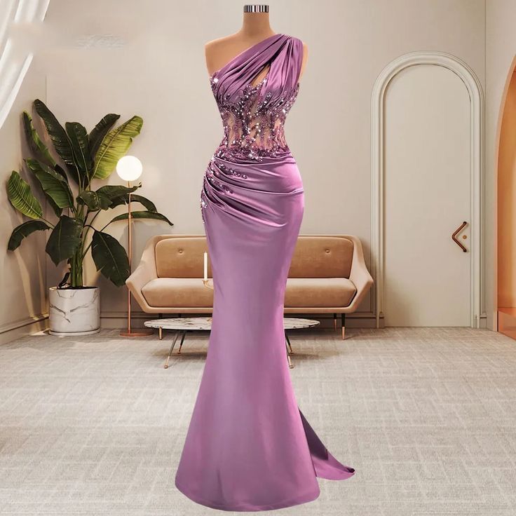 One Shoulder Sleeveless Mermaid Long Satin Prom Dress with Beads