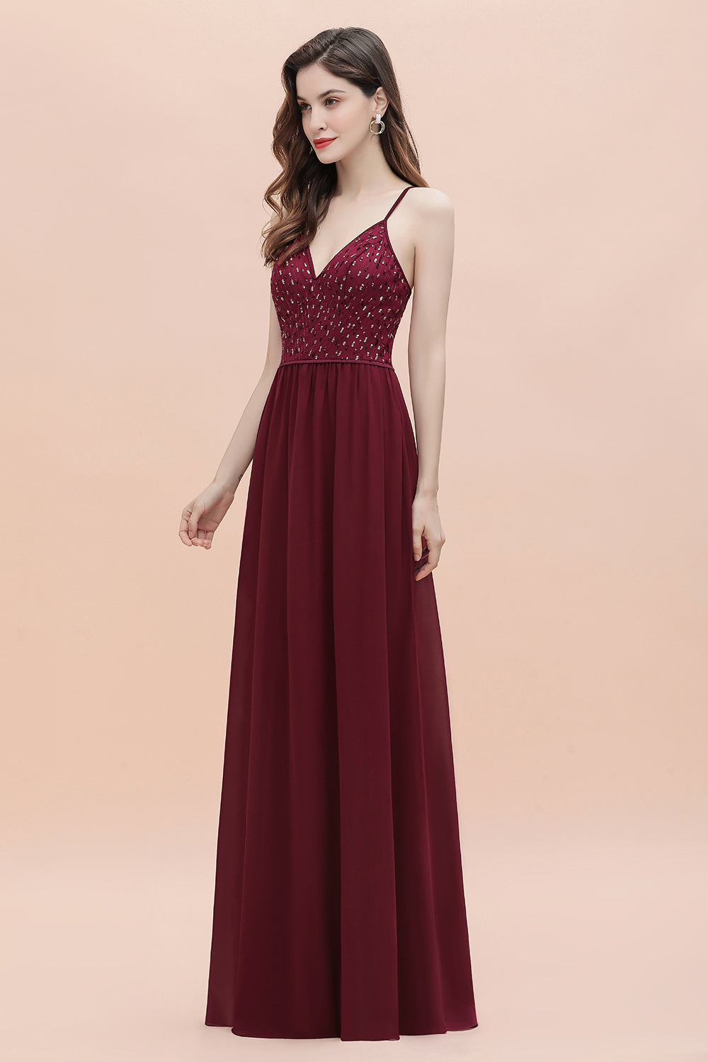 Long V-Neck Spaghetti Straps A-line Chiffon Burgundy Bridesmaid Dress