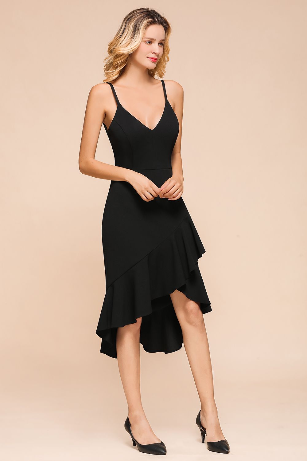 Simple High Low Ruffle Backless Mermaid Black Party Dress