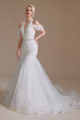 Elegant Long Mermaid Halter Tulle Floor Length Wedding Dress with Appliques Lace